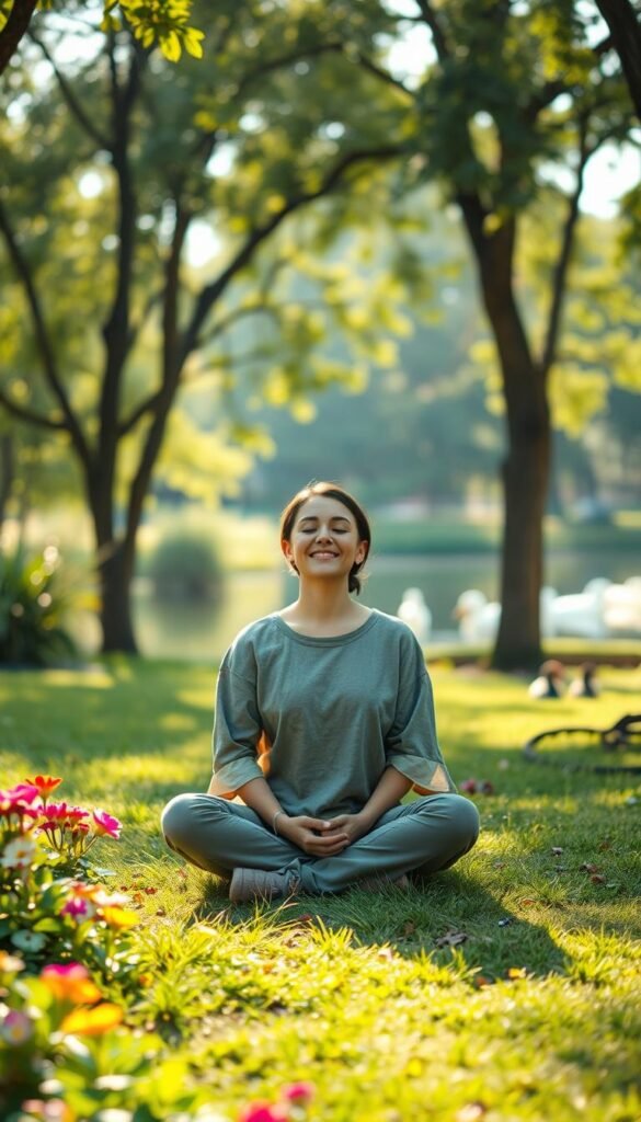 A serene outdoor scene depicting a person practicing grounding techniques in a peaceful park setting. The foreground features an individual in modest, casual clothing sitting cross-legged on a grassy patch, eyes closed, with a gentle smile, embodying a sense of tranquility. Surrounding them are vibrant flowers and lush greenery, creating a calming atmosphere. In the middle ground, trees with dappled sunlight filtering through leaves enhance the peaceful vibe. In the background, a soft-focus view of a tranquil pond with ducks swimming adds to the harmony of the scene. The lighting is warm and soft, mimicking the golden hour, casting a gentle glow. The overall mood is reflective and calming, inviting viewers to connect with the concept of grounding in everyday life. A serene outdoor scene depicting a person practicing grounding techniques in a peaceful park setting. The foreground features an individual in modest, casual clothing sitting cross-legged on a grassy patch, eyes closed, with a gentle smile, embodying a sense of tranquility. Surrounding them are vibrant flowers and lush greenery, creating a calming atmosphere. In the middle ground, trees with dappled sunlight filtering through leaves enhance the peaceful vibe. In the background, a soft-focus view of a tranquil pond with ducks swimming adds to the harmony of the scene. The lighting is warm and soft, mimicking the golden hour, casting a gentle glow. The overall mood is reflective and calming, inviting viewers to connect with the concept of grounding in everyday life.