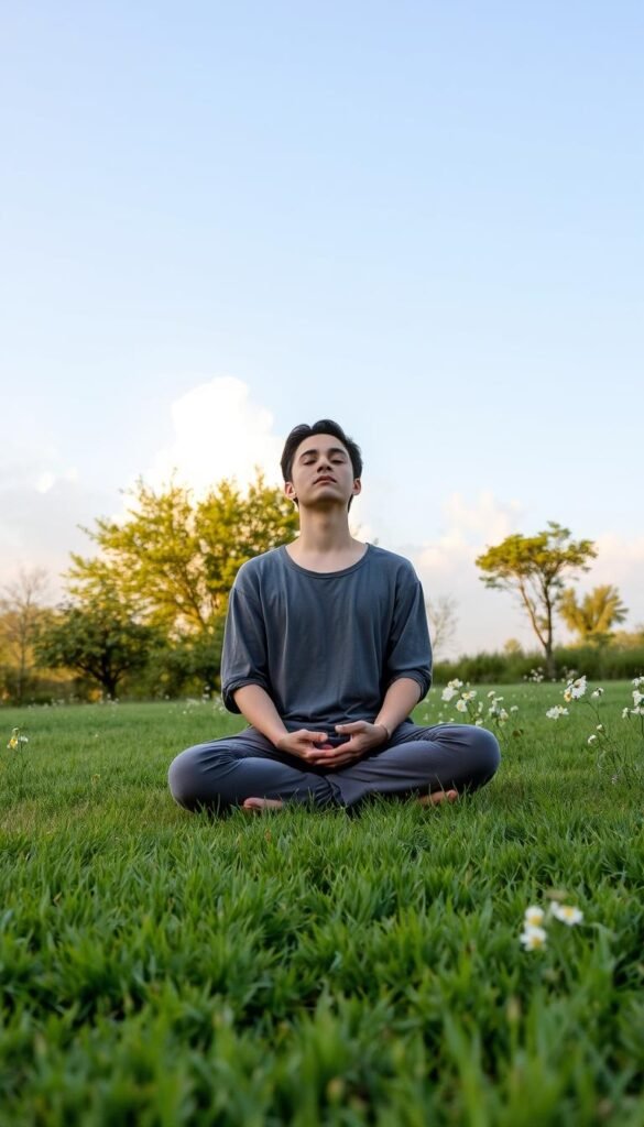 A serene outdoor scene depicting an individual practicing mindfulness grounding. In the foreground, a person dressed in modest casual clothing sits cross-legged on a lush green grass field, with eyes closed and hands resting on knees. The middle ground features gently swaying trees and blooming wildflowers, creating a tranquil atmosphere. The background shows a soft blue sky with fluffy white clouds, suggesting a clear, calm day. The lighting is warm and golden, indicating early morning or late afternoon sun, casting gentle shadows. The overall mood is peaceful and restorative, embodying the essence of mindfulness and grounding techniques, inviting viewers to engage with the concept of mindful daily habits.