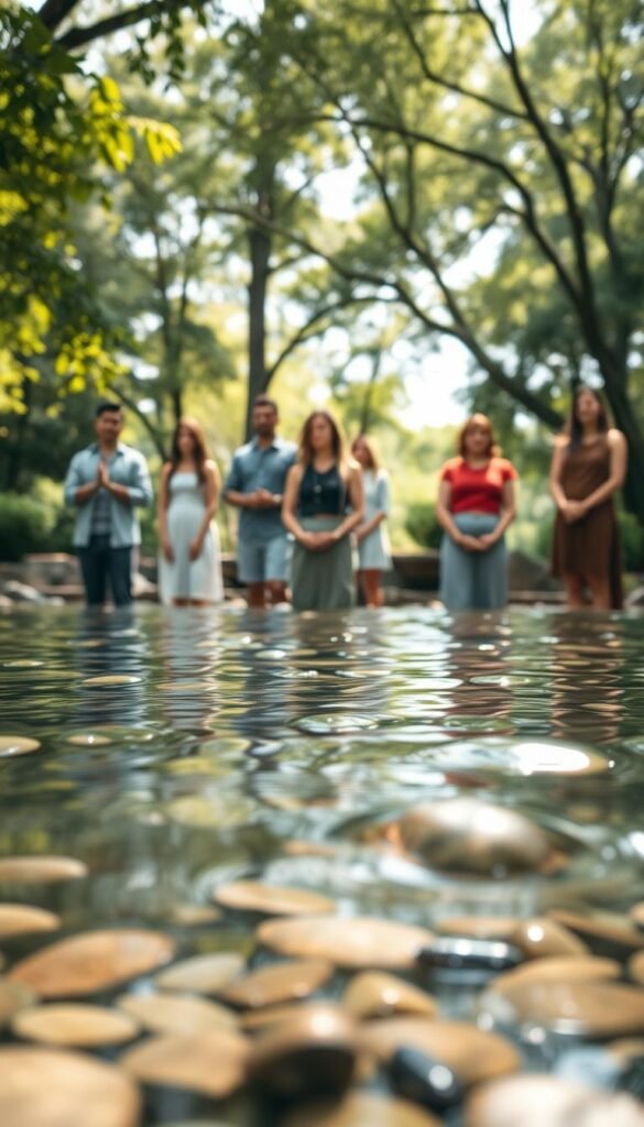 A serene outdoor setting depicting a tranquil water scene, capturing the essence of "water temperature grounding." In the foreground, show a clear, gently rippling body of water with smooth pebbles visible beneath the surface, inviting interaction. In the middle ground, include a diverse group of individuals engaged in a calming grounding ritual, each wearing modest casual clothing, with expressions of serenity and focus. The background features lush greenery and soft sunlight filtering through the leaves, creating a warm, inviting atmosphere. Utilize soft lighting to emphasize the peacefulness of the scene, with a slightly blurred depth of field to draw attention to the participants and the water. The overall mood should evoke tranquility, connection with nature, and a sense of reset and renewal. A serene outdoor setting depicting a tranquil water scene, capturing the essence of "water temperature grounding." In the foreground, show a clear, gently rippling body of water with smooth pebbles visible beneath the surface, inviting interaction. In the middle ground, include a diverse group of individuals engaged in a calming grounding ritual, each wearing modest casual clothing, with expressions of serenity and focus. The background features lush greenery and soft sunlight filtering through the leaves, creating a warm, inviting atmosphere. Utilize soft lighting to emphasize the peacefulness of the scene, with a slightly blurred depth of field to draw attention to the participants and the water. The overall mood should evoke tranquility, connection with nature, and a sense of reset and renewal.