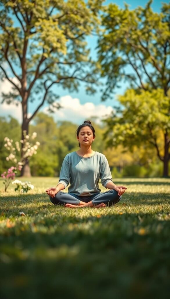 A serene outdoor setting representing emotional grounding techniques. In the foreground, a calm person in modest casual clothing is seated cross-legged on soft grass, eyes closed, and hands resting peacefully on their knees. The middle ground features gentle nature elements like blooming flowers and verdant trees swaying in a light breeze. In the background, a tranquil blue sky with fluffy white clouds completes the scene. Soft, warm sunlight filters through the trees, casting dappled shadows on the ground, creating an inviting and peaceful atmosphere. The overall mood should evoke a sense of tranquility and mindfulness, illustrating the practice of grounding oneself in nature. Use a 35mm lens to capture a slightly soft focus, enhancing the peaceful ambiance. A serene outdoor setting representing emotional grounding techniques. In the foreground, a calm person in modest casual clothing is seated cross-legged on soft grass, eyes closed, and hands resting peacefully on their knees. The middle ground features gentle nature elements like blooming flowers and verdant trees swaying in a light breeze. In the background, a tranquil blue sky with fluffy white clouds completes the scene. Soft, warm sunlight filters through the trees, casting dappled shadows on the ground, creating an inviting and peaceful atmosphere. The overall mood should evoke a sense of tranquility and mindfulness, illustrating the practice of grounding oneself in nature. Use a 35mm lens to capture a slightly soft focus, enhancing the peaceful ambiance.