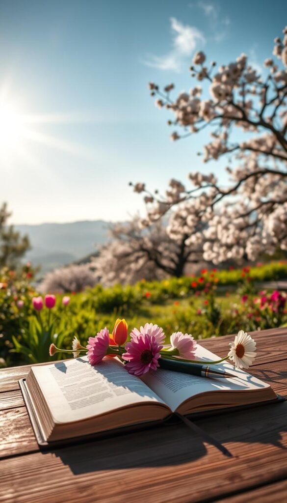 A serene outdoor setting that captures the essence of spring for journaling prompts. In the foreground, a beautifully arranged wooden table with an open journal, a fountain pen, and fresh flowers like tulips and daisies. The middle layer features a lush green garden with blossoming cherry trees and vibrant wildflowers, symbolizing growth and clarity. In the background, soft, sunlit hills under a clear blue sky, with gentle breezes creating a soothing atmosphere. The lighting is warm and inviting, casting soft shadows and highlights that evoke a feeling of peace and inspiration. The scene is tranquil and encourages contemplation and creativity.