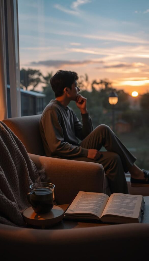 A serene scene capturing a moment of reflection in soft evening light. In the foreground, a cozy armchair draped with a warm blanket, beside a small wooden side table holding a steaming cup of herbal tea and an open journal, inviting contemplation. The middle layer features a thoughtful individual dressed in modest casual clothing, seated comfortably, gazing out the window with a gentle expression, embodying tranquility and introspection. In the background, soft silhouettes of trees are bathed in the warm glow of a setting sun, with wisps of clouds coloring the evening sky. The overall atmosphere is peaceful and calming, illuminated with soft, warm lighting that casts gentle shadows, evoking a sense of serenity and mindfulness. A serene scene capturing a moment of reflection in soft evening light. In the foreground, a cozy armchair draped with a warm blanket, beside a small wooden side table holding a steaming cup of herbal tea and an open journal, inviting contemplation. The middle layer features a thoughtful individual dressed in modest casual clothing, seated comfortably, gazing out the window with a gentle expression, embodying tranquility and introspection. In the background, soft silhouettes of trees are bathed in the warm glow of a setting sun, with wisps of clouds coloring the evening sky. The overall atmosphere is peaceful and calming, illuminated with soft, warm lighting that casts gentle shadows, evoking a sense of serenity and mindfulness.
