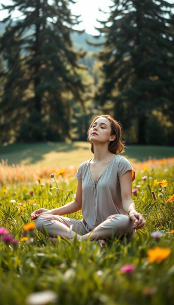 A serene scene capturing the essence of "grounding present breath" amidst nature. In the foreground, a person dressed in soft, modest casual clothing sits cross-legged on a lush, green meadow, eyes gently closed, with a calm expression reflecting tranquility. In the middle ground, vibrant wildflowers sway softly, surrounded by gentle hills. The background features tall, majestic trees with dappled sunlight filtering through their leaves, creating a warm, inviting glow. The setting conveys a peaceful atmosphere, inviting viewers to feel the essence of the present moment. Use soft, natural lighting to enhance the scene, with a focus on creating a soothing ambiance. The angle should be slightly elevated, capturing both the individual and the serene environment harmoniously. A serene scene capturing the essence of "grounding present breath" amidst nature. In the foreground, a person dressed in soft, modest casual clothing sits cross-legged on a lush, green meadow, eyes gently closed, with a calm expression reflecting tranquility. In the middle ground, vibrant wildflowers sway softly, surrounded by gentle hills. The background features tall, majestic trees with dappled sunlight filtering through their leaves, creating a warm, inviting glow. The setting conveys a peaceful atmosphere, inviting viewers to feel the essence of the present moment. Use soft, natural lighting to enhance the scene, with a focus on creating a soothing ambiance. The angle should be slightly elevated, capturing both the individual and the serene environment harmoniously.