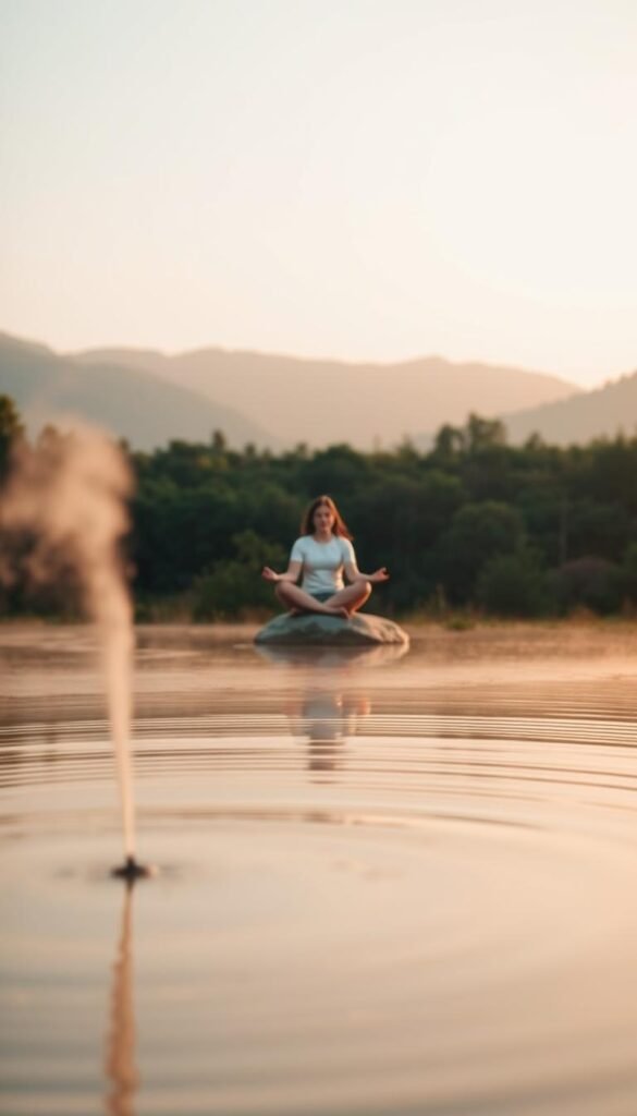 A serene scene capturing the essence of slow breathing as an anchor, featuring a tranquil outdoor setting. In the foreground, a gentle swirl of mist rises from a still lake, symbolizing breath. Delicate ripples spread across the water's surface, reflecting the soft glow of dawn. In the middle ground, a person in modest casual clothing sits cross-legged on a smooth rock, eyes closed, embodying calm and mindfulness. The background showcases lush greenery and distant mountains bathed in warm, golden light. The atmosphere conveys peace and introspection, inviting the viewer to connect with the practice of slow breathing. The image is softly lit with warm tones, capturing a moment of stillness and serenity, shot from a slightly elevated angle for depth. A serene scene capturing the essence of slow breathing as an anchor, featuring a tranquil outdoor setting. In the foreground, a gentle swirl of mist rises from a still lake, symbolizing breath. Delicate ripples spread across the water's surface, reflecting the soft glow of dawn. In the middle ground, a person in modest casual clothing sits cross-legged on a smooth rock, eyes closed, embodying calm and mindfulness. The background showcases lush greenery and distant mountains bathed in warm, golden light. The atmosphere conveys peace and introspection, inviting the viewer to connect with the practice of slow breathing. The image is softly lit with warm tones, capturing a moment of stillness and serenity, shot from a slightly elevated angle for depth.