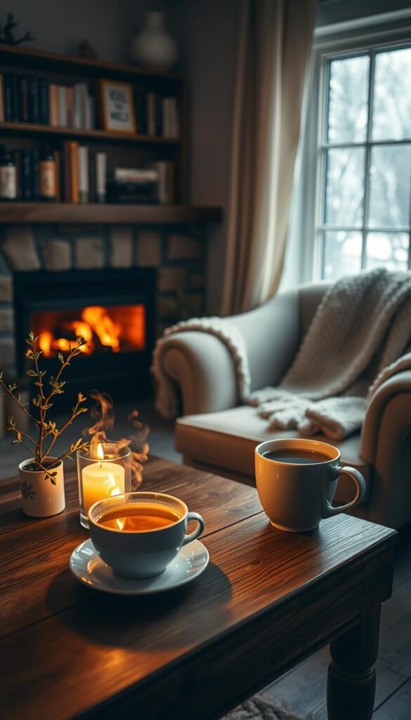 A serene scene depicting a cozy self-care ritual for February. In the foreground, a softly lit wooden table adorned with a steaming cup of herbal tea, a lit candle, and a small potted plant with delicate leaves. In the middle ground, an inviting, plush armchair draped with a warm, knitted blanket, positioned by a window revealing gentle snowfall outside. In the background, a softly glowing fireplace adds warmth and ambiance, with shelves lined with self-help books and calming essential oils. The lighting is warm and inviting, creating a tranquil atmosphere. The image should evoke feelings of relaxation and introspection, embodying the essence of what to release this month for personal growth.