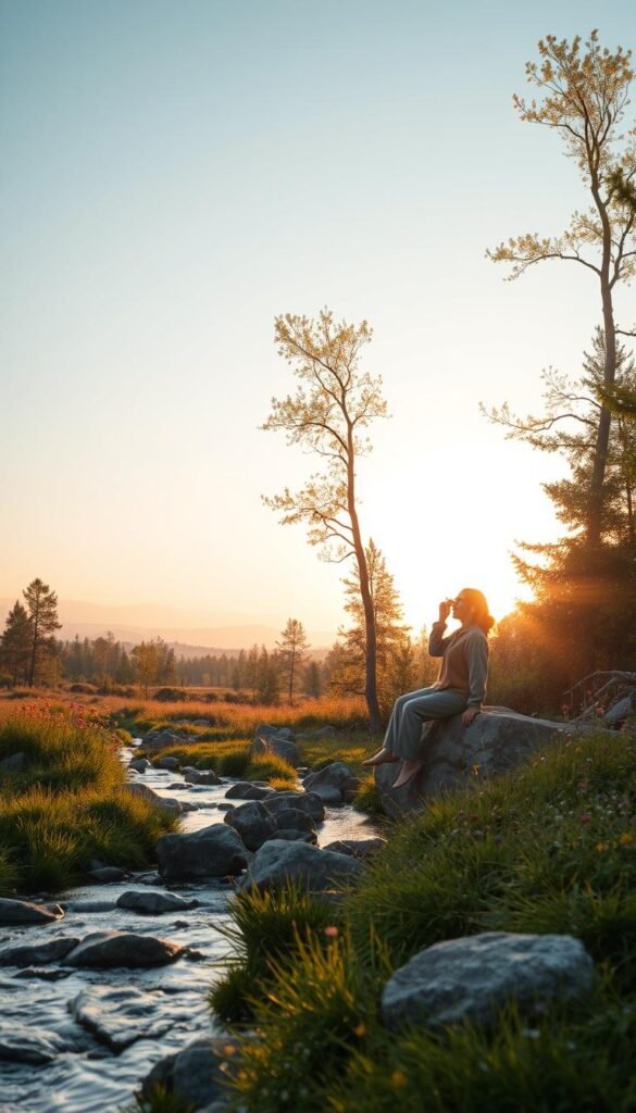 A serene scene depicting a peaceful natural landscape, emphasizing the theme of releasing the rush of daily life. In the foreground, a gentle stream flows over smooth stones, surrounded by lush green grass and colorful wildflowers. A person in modest, casual clothing sits peacefully on a large rock by the stream, gazing out at the view with a relaxed expression. In the middle ground, tall trees sway lightly in the breeze, their leaves illuminated by soft, golden sunlight filtering through the branches. The background features a tranquil open sky transitioning from soft blue to warm orange as the sun sets, creating a calm and soothing atmosphere. The lighting is warm and inviting, capturing a moment of intentional stillness and reflection, inviting the viewer to embrace a slower pace. A serene scene depicting a peaceful natural landscape, emphasizing the theme of releasing the rush of daily life. In the foreground, a gentle stream flows over smooth stones, surrounded by lush green grass and colorful wildflowers. A person in modest, casual clothing sits peacefully on a large rock by the stream, gazing out at the view with a relaxed expression. In the middle ground, tall trees sway lightly in the breeze, their leaves illuminated by soft, golden sunlight filtering through the branches. The background features a tranquil open sky transitioning from soft blue to warm orange as the sun sets, creating a calm and soothing atmosphere. The lighting is warm and inviting, capturing a moment of intentional stillness and reflection, inviting the viewer to embrace a slower pace.