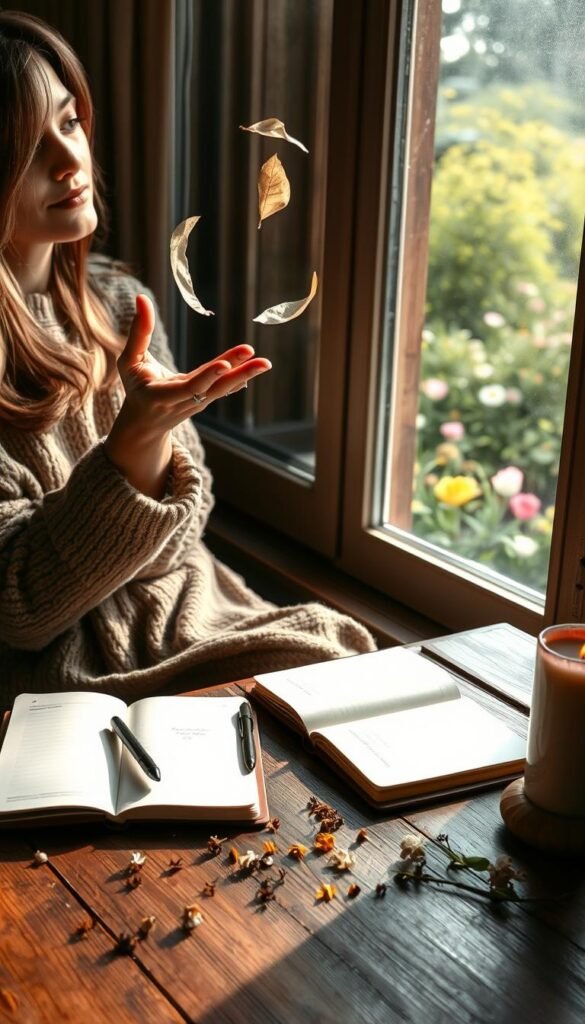 A serene scene depicting a person sitting at a wooden journaling desk by a window, overlooking a tranquil garden. The individual, dressed in cozy, modest clothing, gently releases a few delicate paper leaves into the air, symbolizing letting go. The foreground features an open journal with a pen, while scattered dried flowers and a lit candle create a warm ambiance. In the middle, sunlight filters through the window, casting gentle shadows. The background showcases a lush garden with soft greens and blooming flowers, evoking feelings of peace and renewal. The overall mood is reflective and calming, inviting viewers to contemplate their own release for the month. Soft, natural lighting enhances the intimate atmosphere, shot from a slightly elevated angle to capture both the person and the serene surroundings.