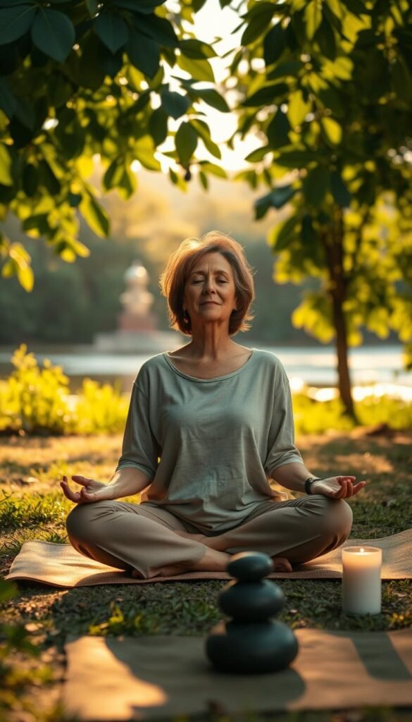 A serene scene depicting slow rituals of mindfulness, featuring a middle-aged woman in modest casual clothing practicing breathwork in a tranquil outdoor setting. In the foreground, she sits cross-legged on a soft yoga mat amidst lush greenery, taking deep breaths with a peaceful expression. In the middle ground, gentle sunlight filters through leaves, creating dappled patterns on the ground. A few elegant stones and candles are artfully arranged, enhancing the calm atmosphere. In the background, a distant view of a softly flowing river adds to the serenity. The lighting is warm and soft, emulating the golden hour, evoking feelings of tranquility and emotional calm. Use a wide-angle lens for a more immersive perspective, capturing the harmony between the practitioner and nature. A serene scene depicting slow rituals of mindfulness, featuring a middle-aged woman in modest casual clothing practicing breathwork in a tranquil outdoor setting. In the foreground, she sits cross-legged on a soft yoga mat amidst lush greenery, taking deep breaths with a peaceful expression. In the middle ground, gentle sunlight filters through leaves, creating dappled patterns on the ground. A few elegant stones and candles are artfully arranged, enhancing the calm atmosphere. In the background, a distant view of a softly flowing river adds to the serenity. The lighting is warm and soft, emulating the golden hour, evoking feelings of tranquility and emotional calm. Use a wide-angle lens for a more immersive perspective, capturing the harmony between the practitioner and nature.