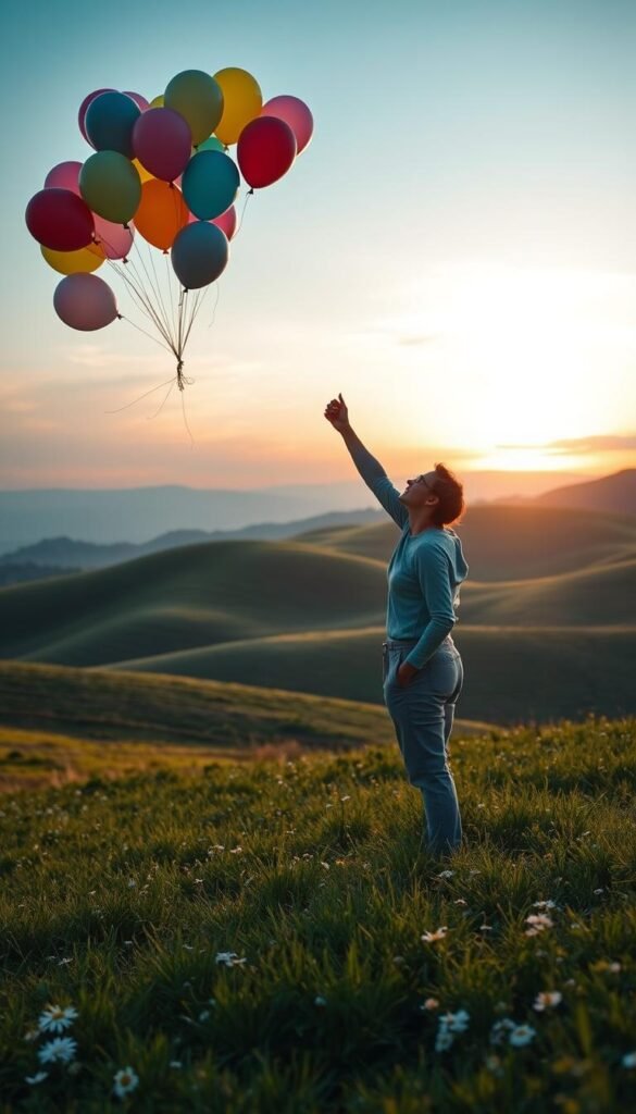 A serene scene depicting the concept of releasing burdens for a simpler life path. In the foreground, a person in modest casual clothing stands peacefully, releasing a collection of colorful balloons into the blue sky, symbolizing the letting go of stress and distractions. In the middle ground, there is a lush green meadow with soft, rolling hills, dotted with wildflowers, representing tranquility and nature's beauty. The background features a gentle sunset, casting warm golden and orange hues across the sky, creating a peaceful ambiance. The lighting is soft and diffused, capturing a sense of calm and hope. The overall mood is uplifting and reflective, inviting viewers to embrace simplicity and ease in their lives. A serene scene depicting the concept of releasing burdens for a simpler life path. In the foreground, a person in modest casual clothing stands peacefully, releasing a collection of colorful balloons into the blue sky, symbolizing the letting go of stress and distractions. In the middle ground, there is a lush green meadow with soft, rolling hills, dotted with wildflowers, representing tranquility and nature's beauty. The background features a gentle sunset, casting warm golden and orange hues across the sky, creating a peaceful ambiance. The lighting is soft and diffused, capturing a sense of calm and hope. The overall mood is uplifting and reflective, inviting viewers to embrace simplicity and ease in their lives.