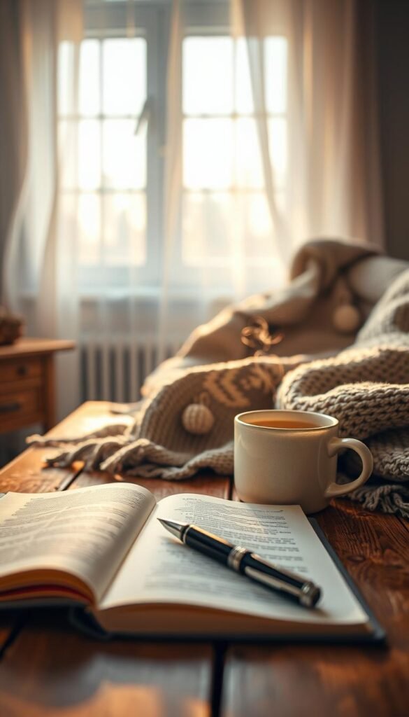 A serene scene of a cozy winter ritual is in focus, featuring a warm cup of herbal tea in a softly glowing ceramic mug, placed on a rustic wooden table. The foreground captures the delicate steam rising from the cup, shimmering in the soft, golden light. In the middle ground, a textured knit blanket is draped casually, alongside an open journal with a fountain pen resting on its pages, hinting at reflective writing. The background features a softly lit window framed with sheer curtains, through which gentle, diffused daylight filters in, casting a warm glow on the scene. The atmosphere evokes tranquility and comfort, ideal for a peaceful winter morning. The composition is shot with a 50mm lens, creating a slight bokeh effect that enhances the cozy mood.