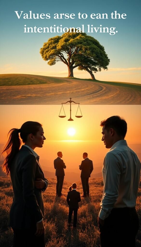 A serene setting depicting values as the guiding principles of intentional living. In the foreground, a diverse group of three people, dressed in professional business attire, engaged in thoughtful discussion, embodying harmony and collaboration. The middle layer features an expansive, open landscape filled with symbols of values: a large tree representing growth, a balanced scale symbolizing fairness, and a compass denoting direction and purpose. The background consists of a calm horizon at sunset, casting warm golden light across the scene, creating a peaceful and reflective atmosphere. Use a wide-angle lens perspective to capture the breadth of the landscape, ensuring a tranquil mood that conveys balance and intentionality in daily choices. A serene setting depicting values as the guiding principles of intentional living. In the foreground, a diverse group of three people, dressed in professional business attire, engaged in thoughtful discussion, embodying harmony and collaboration. The middle layer features an expansive, open landscape filled with symbols of values: a large tree representing growth, a balanced scale symbolizing fairness, and a compass denoting direction and purpose. The background consists of a calm horizon at sunset, casting warm golden light across the scene, creating a peaceful and reflective atmosphere. Use a wide-angle lens perspective to capture the breadth of the landscape, ensuring a tranquil mood that conveys balance and intentionality in daily choices.