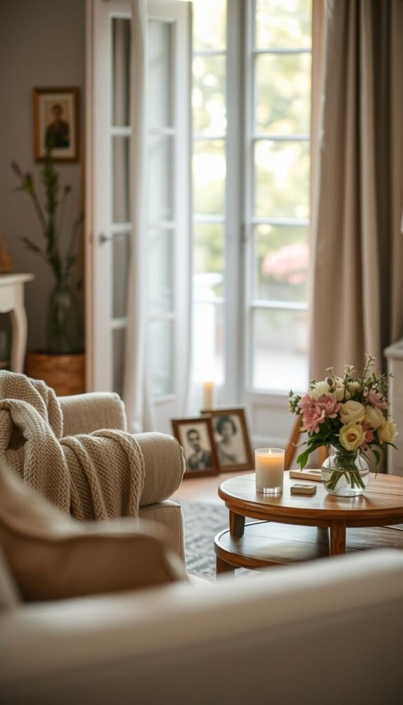 A serene, softly lit living room filled with warm, nostalgic memories. In the foreground, a cozy armchair draped with a knitted blanket faces a small wooden coffee table adorned with cherished photographs in vintage frames. The middle ground features a gently flickering candle, casting a warm glow, alongside a vase of fresh flowers, symbolizing renewal and the beauty of moments past. In the background, a sunlit window reveals a softly blurred garden, enhancing the feeling of tranquility and reflection. The overall atmosphere is soothing and inviting, conveying a sense of emotional warmth and the importance of preserving memories as part of a heart and home routine. Use soft, natural lighting with a shallow depth of field to create intimacy and focus.