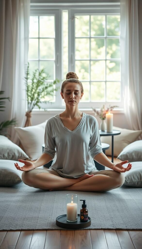 A serene space designed for gentle reflection, featuring a peaceful body positioned gracefully in a meditative posture. The foreground shows a person wearing comfortable, modest clothing, embodying calmness and introspection. The middle ground includes soft cushions and a small table adorned with candles and calming essential oils. In the background, a tranquil window allows natural light to pour in, casting a warm, inviting glow across the scene. The lens captures a slightly overhead angle to emphasize the peaceful arrangement, with a soft focus on the person, highlighting their serene expression. The overall mood is one of tranquility and mindfulness, creating an atmosphere conducive to self-reflection and centering oneself.