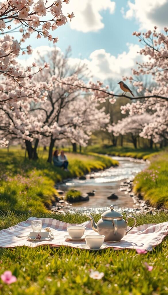 A serene spring afternoon in a lush park, filled with blooming cherry blossom trees and vibrant wildflowers. In the foreground, a small picnic setup with a pastel checkered blanket, an elegant teapot, and delicate tea cups, inviting relaxation. The middle ground features a gentle stream flowing, reflecting the soft sunlight and fluttering petals. Birds are perched on branches, singing, while a family dressed in modest casual clothing enjoys quality time nearby. The background showcases a clear blue sky dotted with fluffy white clouds, creating a sense of openness and tranquility. The warm golden light of the afternoon sun bathes the scene, evoking a mood of warmth, peace, and connection to nature. The angle captures the essence of an inviting, reflective space perfect for tender moments.