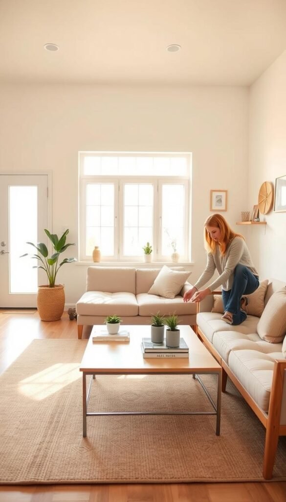 A serene spring cleaning scene depicting a minimalist living space. In the foreground, a stylish, uncluttered living room with a soft beige rug and light wooden furniture, featuring a modern, minimalist sofa adorned with neutral-toned throw pillows. A person in comfortable, modest casual clothing is gently organizing a neatly arranged coffee table with small potted plants and a stack of books. In the middle ground, bright, airy windows allow golden sunlight to stream in, illuminating the room and creating a warm ambiance. In the background, a few simple wall decorations and a small shelf with decorative items capture a sense of intentionality and calm. The atmosphere should feel fresh, inviting, and tranquil, embodying the essence of light minimalism and a spring reset.