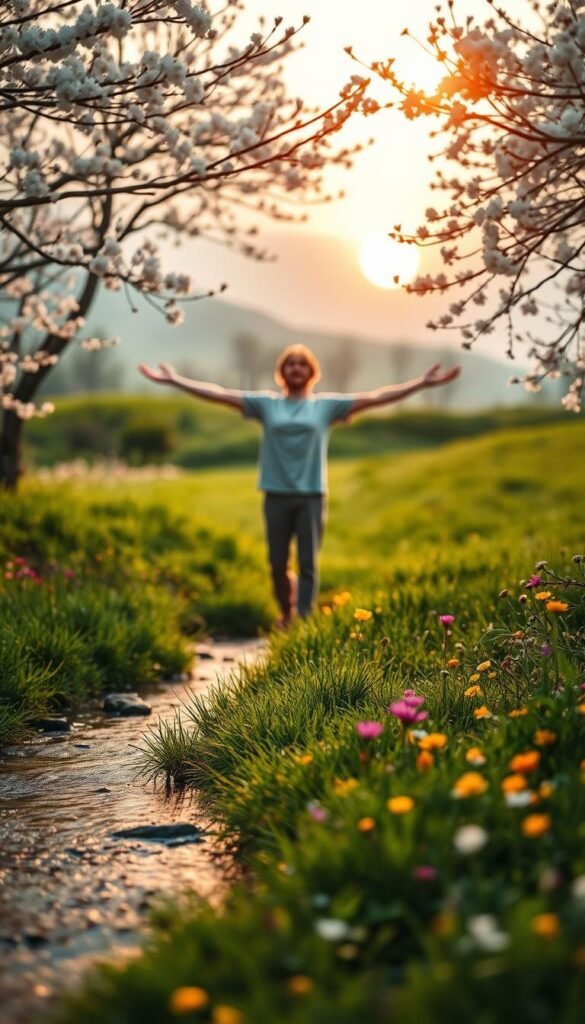 A serene spring equinox scene conveying balance and renewal. In the foreground, a gentle stream reflects the soft sunlight, surrounded by vibrant wildflowers in bloom, hinting at a fresh start. The middle ground features a lush green meadow where a figure, dressed in modest casual clothing, performs a ritual of mindfulness, with arms outstretched towards the sky, embodying harmony with nature. In the background, a fading sunset casts warm golden hues across the landscape, while blooming cherry blossom trees frame the scene, adding a delicate touch. The atmosphere is tranquil and uplifting, with soft, diffused lighting and a shallow depth of field that draws attention to the figure and flowers, evoking a sense of peace and connection to nature.