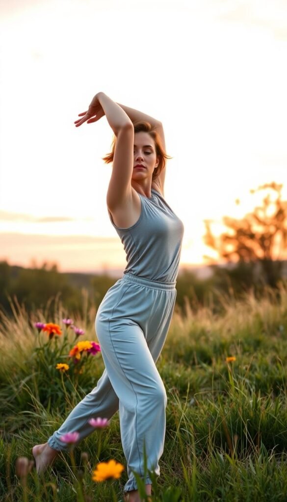 A serene spring evening scene capturing a person engaging in gentle stretches on a grassy hilltop at sunset. In the foreground, a young woman dressed in modest, comfortable activewear stretches gracefully, her body elegantly bent and one arm extended towards the sky. Her hair is delicately tousled by a gentle breeze, and her expression is one of peaceful focus. In the middle ground, vibrant wildflowers bloom, adding splashes of color amidst the lush greenery. The background reveals a warm golden sky painted with soft pink and orange hues, hinting at the day's end. The soft, diffused lighting creates a tranquil atmosphere, evoking a sense of calm and rejuvenation. The overall composition conveys harmony with nature, perfect for an evening reset routine, with a depth of field that enhances the subject's movements.