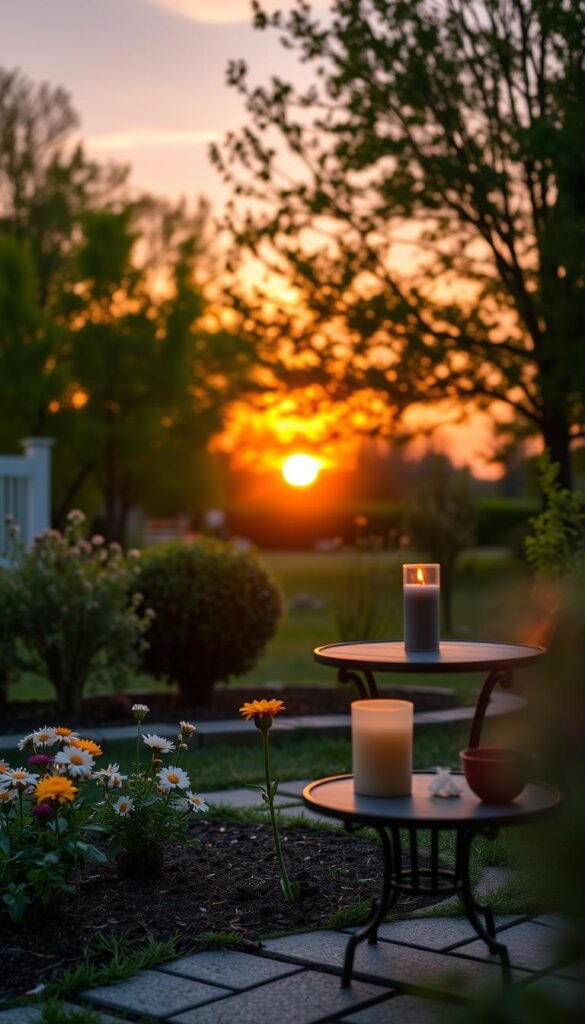 A serene spring evening scene, capturing the essence of a reset. In the foreground, a peaceful outdoor setting features a cozy, neatly arranged garden with various blooming flowers, symbolizing new beginnings. A gently flickering candle sits on a small outdoor table, casting a warm golden glow. In the middle ground, a vibrant sunset bathes the scene in soft orange and purple hues, reflecting the theme of release. The background showcases lush green trees softly swaying in a light breeze, creating a sense of tranquility. The overall atmosphere is calm and reflective, encouraging introspection. The image should be captured with a shallow depth of field to emphasize the foreground details while keeping the background pleasingly blurred, evoking a feeling of warmth and renewal.