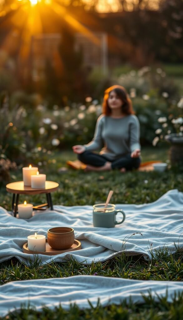 A serene spring evening scene depicting optional mini-rituals for relaxation. In the foreground, a cozy outdoor setting features a soft blanket spread on the grass, with a few lit candles flickering gently. A steaming cup of herbal tea sits on a small wooden side table. In the middle ground, a person in comfortable, modest clothing sits cross-legged, meditating, surrounded by delicate wildflowers. The background showcases a tranquil garden bathed in the warm glow of the setting sun, casting long shadows and creating a soft, enchanting light. The atmosphere should evoke calmness and tranquility, with a focus on minimalistic beauty, and gentle bokeh effects to emphasize the peaceful ambiance. The lens should capture this idyllic moment from a slightly elevated angle, drawing the viewer into the serene ritual.