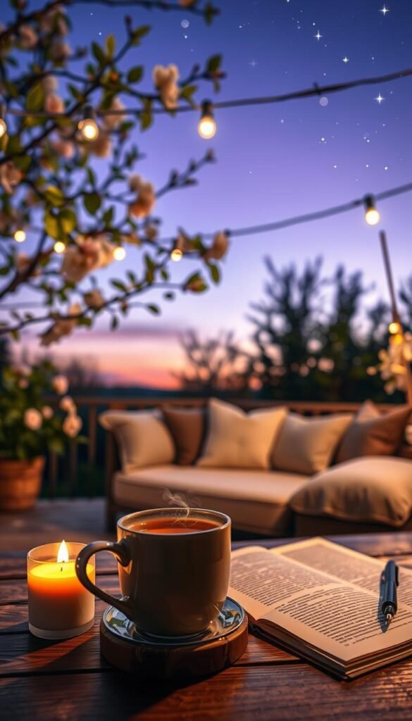 A serene spring evening scene depicting optional mini-rituals to enhance nighttime relaxation. In the foreground, a glowing candle sits on a wooden table alongside a steaming cup of herbal tea and an open journal with a beautiful pen. In the middle ground, a cozy outdoor seating area features plush cushions, softly illuminated by string lights hanging overhead. Leaves from nearby flowering trees gently sway in the evening breeze. The background presents a twilight sky transitioning from soft purples to deep blues, sprinkled with twinkling stars. The overall mood is tranquil and inviting, evoking a sense of calm and reflection, ideal for unwinding after a busy day. The lighting is soft and warm, capturing the essence of a peaceful night ritual.