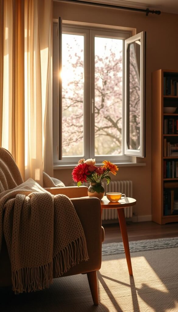 A serene spring evening scene in a cozy living room, with a soft glow from golden hour sunlight filtering through sheer curtains. In the foreground, a comfortable armchair draped with a light knit blanket sits beside a small wooden table adorned with a steaming cup of herbal tea and a fresh vase of colorful spring flowers. In the middle, an open window reveals a blossoming cherry tree outside, enhancing the tranquility. The background features warm, pastel-colored walls and a shelf filled with books, creating a relaxing atmosphere. The mood is calm and rejuvenating, perfect for an evening reset. Soft shadows play across the room, accentuating the peaceful ambiance. Focused on a slightly elevated angle, capturing the essence of warmth and comfort in a practical and inviting way.