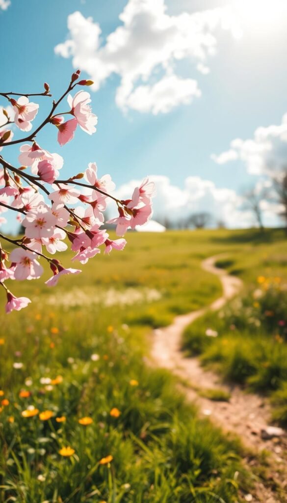 A serene spring landscape capturing the essence of renewal and release. In the foreground, delicate cherry blossoms bloom, their soft pink petals gently falling to the ground, symbolizing letting go. In the middle ground, a calm, sunlit meadow is dotted with vibrant wildflowers, lush green grass swaying in a gentle breeze. A winding path leads through this tranquil scene, inviting the viewer to reflect and connect with nature. The background displays a bright blue sky with fluffy white clouds, emanating warmth and hope. Soft, golden sunlight bathes the entire scene, creating a peaceful and uplifting atmosphere. The overall mood should evoke feelings of tranquility and rejuvenation, perfect for embracing the theme of spring wellness rituals.