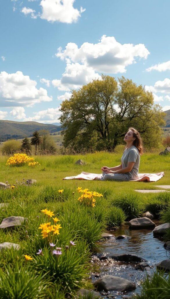 A serene spring landscape depicting a tranquil outdoor space. In the foreground, a gentle stream flows over smooth stones, surrounded by vibrant green grass and blooming wildflowers in shades of yellow and purple. A figure in modest casual clothing sits peacefully on a soft blanket, engaging in meditation, with their eyes closed, embodying relaxation and connection to nature. In the middle ground, a lush grove of trees casts dappled sunlight, enhancing the warm atmosphere. The background features rolling hills under a clear blue sky, dotted with fluffy white clouds. The lighting is soft and warm, creating a calming mood. Capture the scene from a slightly elevated angle, providing depth and showcasing the harmonious blend of nature and tranquility.