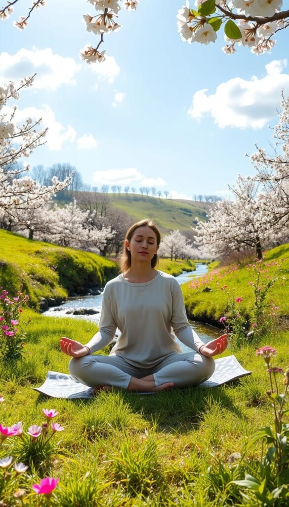 A serene spring landscape, featuring a gently flowing stream surrounded by vibrant wildflowers in full bloom, soft pink and white blossoms on trees, and lush green grass. In the foreground, a person dressed in comfortable, modest casual clothing is seated cross-legged on a patterned yoga mat, engaging in mindfulness practice, their eyes closed in peaceful meditation. Sunlight filters through the leaves, casting dappled patterns of light on the ground, creating a warm and inviting atmosphere. In the background, rolling hills topped with blossoming trees stretch towards a bright blue sky sprinkled with fluffy white clouds. The overall mood is tranquil and rejuvenating, embodying the essence of a gentle spring wellness ritual.