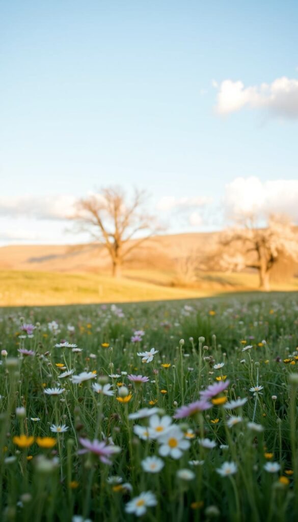 A serene spring landscape featuring a soft, blossoming meadow in the foreground, dotted with delicate wildflowers in pastel hues of pink, yellow, and white. In the middle ground, gentle rolling hills bathed in warm, golden sunlight, with budding trees that create a tranquil canopy. The background showcases a clear, blue sky with fluffy white clouds softly drifting, symbolizing a gentle shift into spring. The scene is captured in soft focus for a dreamy effect, with a shallow depth of field that highlights the flowers in the foreground. The overall atmosphere is calm and rejuvenating, evoking feelings of warmth, renewal, and the beauty of nature awakening from winter.