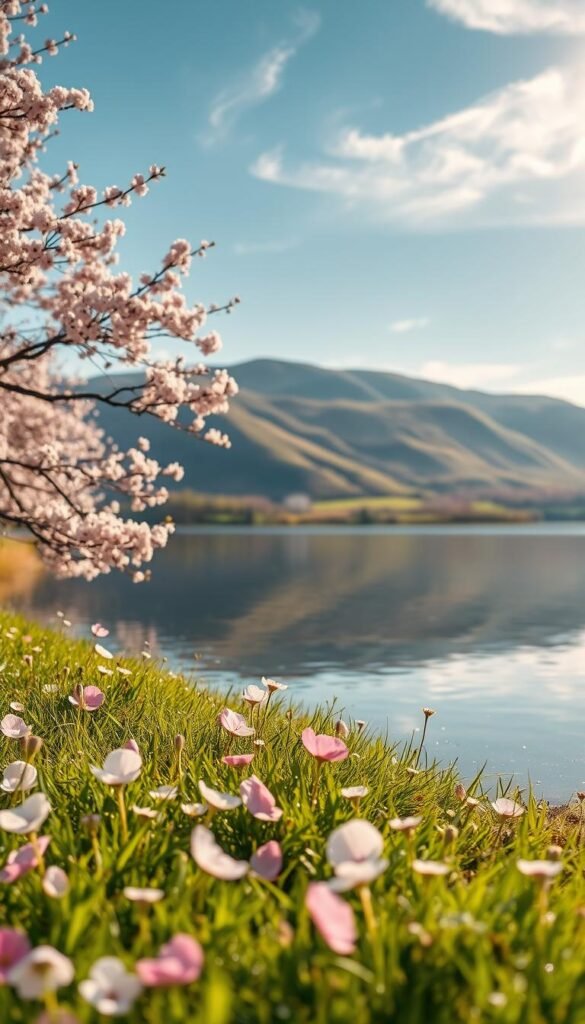 A serene spring landscape reflecting a tranquil water body, surrounded by blooming cherry blossom trees. In the foreground, soft pink petals drift gently on the surface of the water. The middle ground features lush green grass with dew-kissed wildflowers in various pastel colors, inviting a sense of freshness and renewal. In the background, distant hills are draped in a warm golden sunlight, casting long, gentle shadows that enhance the peaceful ambiance. A soft-focus lens effect is applied to evoke a cozy, dreamlike atmosphere, with clear blue sky contrasting with wisps of white clouds. The overall mood is calm and contemplative, encouraging viewers to sink into the moment and appreciate the beauty of nature.