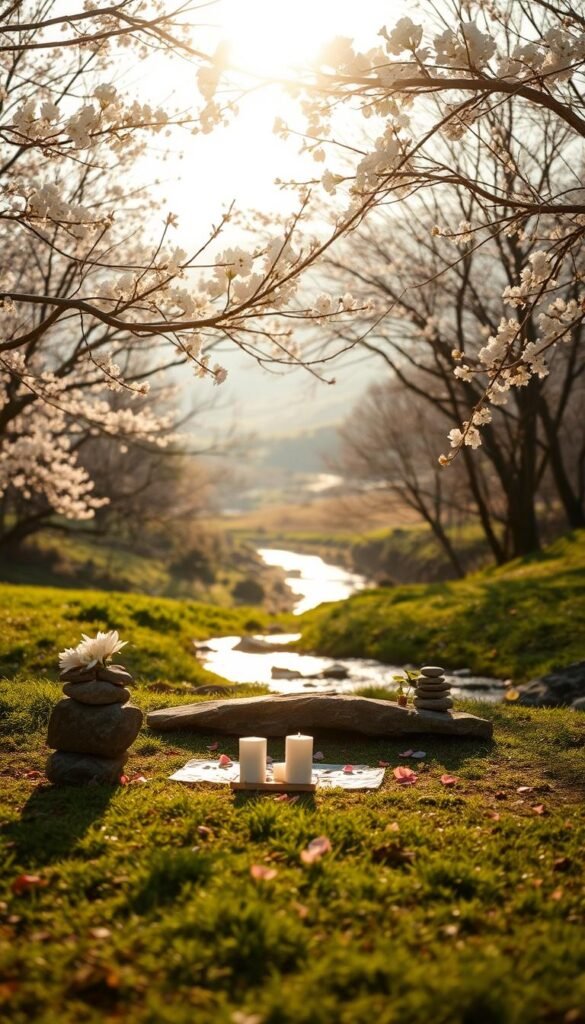 A serene spring landscape unfolds, featuring a tranquil clearing surrounded by blossoming trees and lush greenery. In the foreground, a beautifully arranged altar with natural elements like stones, flowers, and candles signifies a ritual space for reflection. Soft, warm sunlight filters through the leaves, casting a gentle glow on the scene, enhancing the calming atmosphere. The middle ground reveals a flowing stream, symbolizing the release of negativity, while delicate petals float on its surface. In the background, soft hills with a light mist create depth, evoking a sense of renewal and hope. The mood is peaceful and contemplative, inviting viewers to embrace the essence of a mindful spring reset. Shot with a soft-focus lens from a slightly elevated angle, the overall composition is harmonious and uplifting. A serene spring landscape unfolds, featuring a tranquil clearing surrounded by blossoming trees and lush greenery. In the foreground, a beautifully arranged altar with natural elements like stones, flowers, and candles signifies a ritual space for reflection. Soft, warm sunlight filters through the leaves, casting a gentle glow on the scene, enhancing the calming atmosphere. The middle ground reveals a flowing stream, symbolizing the release of negativity, while delicate petals float on its surface. In the background, soft hills with a light mist create depth, evoking a sense of renewal and hope. The mood is peaceful and contemplative, inviting viewers to embrace the essence of a mindful spring reset. Shot with a soft-focus lens from a slightly elevated angle, the overall composition is harmonious and uplifting.