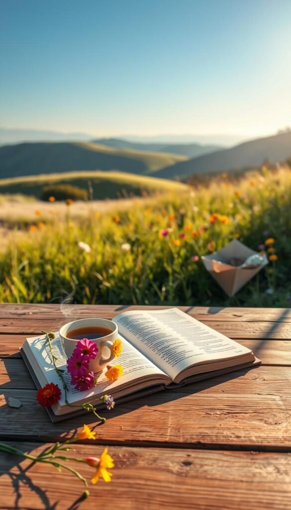 A serene spring morning scene depicting a peaceful outdoor setting. In the foreground, a wooden table is adorned with fresh flowers, an open journal, and a steaming cup of herbal tea, symbolizing reflection and release. In the middle ground, a soft, grassy area is dotted with colorful wildflowers, inviting viewers to embrace nature. The background features gentle rolling hills and a clear blue sky illuminated by the warm glow of early sunlight, creating an uplifting atmosphere. The focus is on the elements representing renewal and letting go, evoking a sense of calm and tranquility. Use a soft focus lens effect to enhance the dreamy quality of the scene. The overall mood is serene and rejuvenating, perfect for a soft spring day. A serene spring morning scene depicting a peaceful outdoor setting. In the foreground, a wooden table is adorned with fresh flowers, an open journal, and a steaming cup of herbal tea, symbolizing reflection and release. In the middle ground, a soft, grassy area is dotted with colorful wildflowers, inviting viewers to embrace nature. The background features gentle rolling hills and a clear blue sky illuminated by the warm glow of early sunlight, creating an uplifting atmosphere. The focus is on the elements representing renewal and letting go, evoking a sense of calm and tranquility. Use a soft focus lens effect to enhance the dreamy quality of the scene. The overall mood is serene and rejuvenating, perfect for a soft spring day.