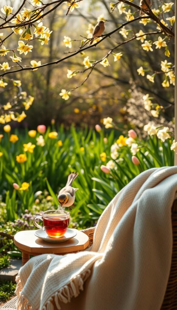 A serene spring morning scene, showcasing a sunlit garden filled with blooming flowers like daffodils and tulips. In the foreground, a peaceful corner features a cozy blanket draped over a wicker chair, with a steaming cup of herbal tea resting on a small wooden table. The middle ground features soft greenery with birds perched on branches, hinting at life awakening. In the background, gentle sunlight filters through the leaves, creating a warm and inviting atmosphere. The lens captures a slightly elevated angle, emphasizing the lush details, while soft morning light bathes the scene in a golden hue. The overall mood is tranquil and refreshing, reflecting the soothing rituals of a soft spring morning. A serene spring morning scene, showcasing a sunlit garden filled with blooming flowers like daffodils and tulips. In the foreground, a peaceful corner features a cozy blanket draped over a wicker chair, with a steaming cup of herbal tea resting on a small wooden table. The middle ground features soft greenery with birds perched on branches, hinting at life awakening. In the background, gentle sunlight filters through the leaves, creating a warm and inviting atmosphere. The lens captures a slightly elevated angle, emphasizing the lush details, while soft morning light bathes the scene in a golden hue. The overall mood is tranquil and refreshing, reflecting the soothing rituals of a soft spring morning.