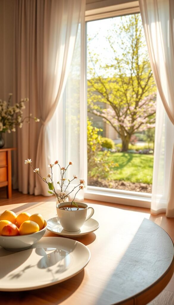 A serene spring morning scene showcasing the essence of "season rhythm." In the foreground, a cozy table set for breakfast, featuring pastel-colored plates with fresh fruits and a steaming cup of herbal tea. Delicate flowers bloom in a small vase, adding a touch of nature. In the middle ground, light streams through a large window adorned with soft, sheer curtains, casting gentle shadows on the wooden floor, evoking a sense of tranquility. The background features a lush garden visible through the window, with trees budding with bright green leaves and colorful blossoms swaying gently in a mild breeze. The atmosphere is peaceful and refreshing, embodying the essence of a soft spring morning routine with warm, natural lighting that highlights the colors and textures, shot from a slightly angled perspective to create depth. A serene spring morning scene showcasing the essence of "season rhythm." In the foreground, a cozy table set for breakfast, featuring pastel-colored plates with fresh fruits and a steaming cup of herbal tea. Delicate flowers bloom in a small vase, adding a touch of nature. In the middle ground, light streams through a large window adorned with soft, sheer curtains, casting gentle shadows on the wooden floor, evoking a sense of tranquility. The background features a lush garden visible through the window, with trees budding with bright green leaves and colorful blossoms swaying gently in a mild breeze. The atmosphere is peaceful and refreshing, embodying the essence of a soft spring morning routine with warm, natural lighting that highlights the colors and textures, shot from a slightly angled perspective to create depth.