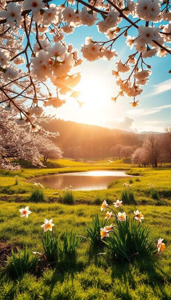 A serene spring morning setting, where soft, golden sunlight gently filters through delicate cherry blossom branches in full bloom. The foreground features a small, tranquil garden, with vibrant green grass and clusters of daffodils and tulips swaying lightly in the breeze. In the middle ground, a tranquil pond reflects the warm light and blooming flowers, surrounded by gently rolling hills covered in fresh green foliage. The background showcases a clear blue sky with wisps of cotton candy clouds, enhancing the feeling of renewal. The scene evokes a sense of warmth and hope, capturing the essence of mindful awakening and the gentle embrace of spring. The lighting is soft and ethereal, evoking a peaceful, tranquil atmosphere, ideal for reflection and rejuvenation. A serene spring morning setting, where soft, golden sunlight gently filters through delicate cherry blossom branches in full bloom. The foreground features a small, tranquil garden, with vibrant green grass and clusters of daffodils and tulips swaying lightly in the breeze. In the middle ground, a tranquil pond reflects the warm light and blooming flowers, surrounded by gently rolling hills covered in fresh green foliage. The background showcases a clear blue sky with wisps of cotton candy clouds, enhancing the feeling of renewal. The scene evokes a sense of warmth and hope, capturing the essence of mindful awakening and the gentle embrace of spring. The lighting is soft and ethereal, evoking a peaceful, tranquil atmosphere, ideal for reflection and rejuvenation.
