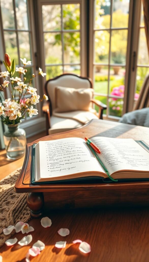 A serene spring renewal journaling scene, showcasing an elegantly designed wooden desk adorned with a beautifully open journal filled with handwritten notes and colorful ink pens. In the foreground, delicate cherry blossom petals gently scatter across the desk, while a vase of fresh wildflowers adds a touch of vibrant color. The middle ground features a soft, inviting chair, maybe with a cozy knit blanket draped over it. In the background, a sunlit window reveals a lush garden in full bloom, with sunlight streaming in, casting a warm glow across the room. The overall atmosphere radiates tranquility and inspiration, inviting viewers to embrace the gentle practice of journaling during this season of renewal. The image should have soft, natural lighting, with a focus lens to create a soft depth of field.