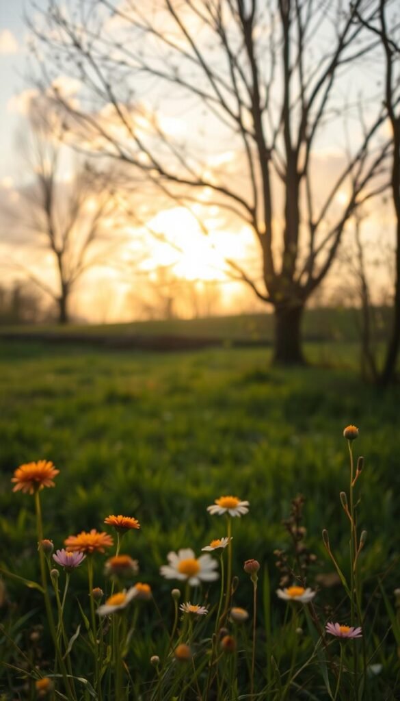 A serene spring scene bathed in gentle, golden light, capturing the essence of a soft welcome to the new season. In the foreground, delicate wildflowers bloom, their colors vibrant yet soft, swaying slightly in a light breeze. The middle ground features a lush green meadow with dappled sunlight filtering through budding trees, their leaves just unfurling. In the background, a tranquil sky transitions from soft pastels of dawn, with wispy, fluffy clouds that hint at warmth. The composition should evoke a sense of peace and renewal, with warm lighting casting a gentle glow over the entire scene. The mood is calming and uplifting, inviting viewers to immerse themselves in the rejuvenating spirit of spring.