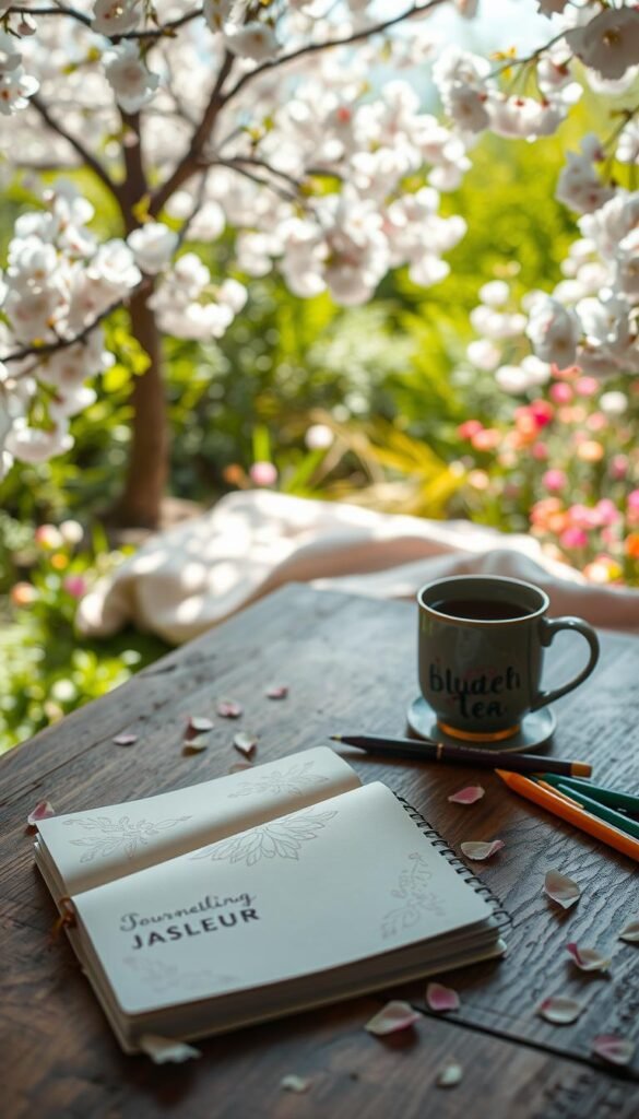 A serene spring scene featuring a wooden table gently illuminated by soft, natural daylight filtering through blossoming cherry trees. In the foreground, a beautifully arranged assortment of journaling supplies: a delicate, handcrafted notebook with floral patterns, a set of colored pens, and a steaming cup of herbal tea. In the middle ground, a gentle, pastel-colored blanket is laid out, invitingly scattered with small flower petals. The background showcases a lush garden bursting with vibrant green foliage and blooming flowers, creating a tranquil and inspiring environment. The overall mood is peaceful and reflective, capturing the essence of spring's quiet beginnings, encouraging creativity and mindfulness in journaling. The composition is framed from a slightly elevated angle to enhance depth and focus on the journaling setup.