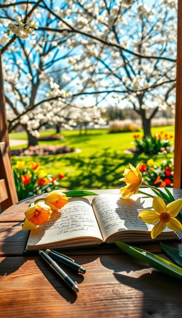 A serene spring scene set in a cozy outdoor nook, with a rustic wooden table adorned with an open, beautifully designed journal filled with handwritten notes and sketches. In the foreground, a fountain pen lies beside vibrant tulips and daffodils, symbolizing new beginnings. The middle ground features soft, dappled sunlight filtering through the blossoming branches of cherry trees, casting gentle shadows over the table. In the background, a peaceful garden with lush green grass and colorful flowers is visible under a bright, clear blue sky. The mood is warm and reflective, evoking a sense of tranquility and inspiration for personal growth. Capture the image with soft focus to enhance the dreamlike quality and a slightly elevated angle for depth.