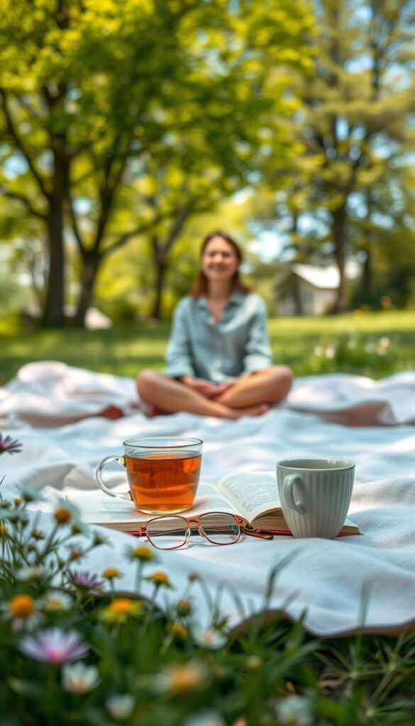 A serene spring setting depicting a peaceful outdoor scene as a metaphor for "release pressure." In the foreground, a soft picnic blanket draped with a light pastel color, surrounded by blooming wildflowers. A delicate cup of herbal tea rests beside a journal with an open page, while a pair of reading glasses sits nearby. In the middle ground, a tranquil figure in modest casual clothing practices mindfulness, sitting cross-legged, eyes closed, with a gentle smile, surrounded by nature. The background features lush green trees and a soft-focus of a clear blue sky, filtered sunlight casting a warm glow, creating an inviting atmosphere. The lens should capture the scene with a slight bokeh effect, enhancing the peaceful mood of the weekend retreat.