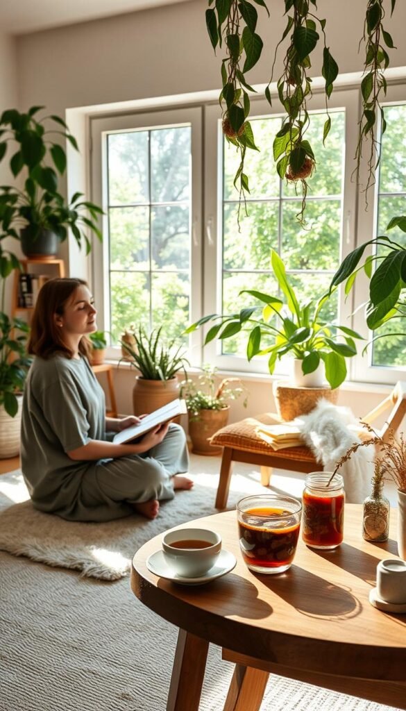 A serene, sunlit room filled with plants and personal mementos that symbolize intentional living. In the foreground, a person in modest casual clothing sits cross-legged on a soft rug, journaling with a thoughtful expression. In the middle ground, a wooden table displays an arrangement of healthy snacks and a steaming cup of herbal tea, indicating a mindful lifestyle. The background features large windows allowing natural light to flood the space, illuminating the vibrant greenery outside. Soft shadows create a calm, inviting atmosphere, enhancing the sense of peace and reflection. The overall mood is tranquil and inspiring, highlighting the importance of heart-centered living and mindfulness in daily choices. A serene, sunlit room filled with plants and personal mementos that symbolize intentional living. In the foreground, a person in modest casual clothing sits cross-legged on a soft rug, journaling with a thoughtful expression. In the middle ground, a wooden table displays an arrangement of healthy snacks and a steaming cup of herbal tea, indicating a mindful lifestyle. The background features large windows allowing natural light to flood the space, illuminating the vibrant greenery outside. Soft shadows create a calm, inviting atmosphere, enhancing the sense of peace and reflection. The overall mood is tranquil and inspiring, highlighting the importance of heart-centered living and mindfulness in daily choices.