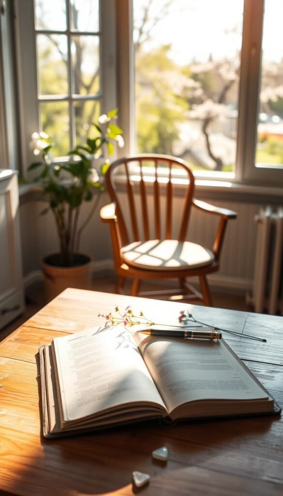A serene, sunlit scene depicting a cozy workspace that encourages gentle reflection. In the foreground, a warm wooden desk is adorned with an open journal, a delicate pen resting beside it, surrounded by a few sprigs of fresh wildflowers. A soft, natural light filters through a nearby window, casting gentle shadows. The middle ground features a comfortable chair positioned thoughtfully, inviting contemplation. In the background, a tranquil view of lush greenery and blossoming trees can be seen, hinting at spring's arrival. The atmosphere is peaceful and inspiring, filled with a sense of calmness and introspection. The lighting is warm and soft, creating an inviting mood that reflects the idea of gentle reflection prompts, captured with a slightly blurred background to emphasize the journal in focus.