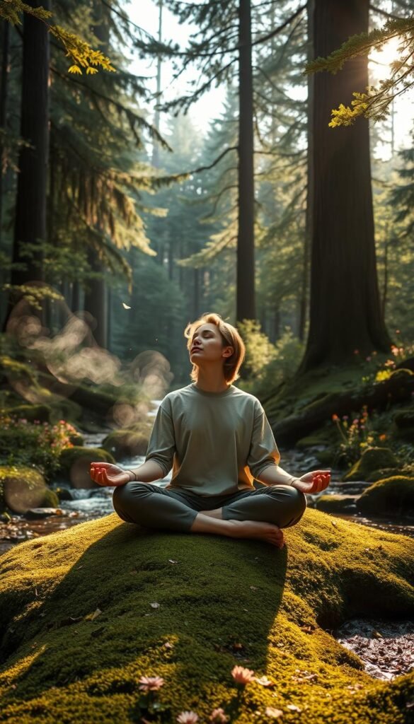 A serene, tranquil scene depicting "mindfulness release" in a lush, green forest. In the foreground, a person in modest, casual clothing sits cross-legged on a soft bed of moss, eyes gently closed, embodying a state of relaxation and surrender. Surrounding them are delicate wisps of mist and gently falling leaves, creating an atmosphere of softness and peace. The middle ground features vibrant wildflowers and a gently flowing stream that reflects the dappled sunlight filtering through the trees. In the background, tall, majestic trees rise, their leaves softly rustling in a nurturing breeze. The lighting is warm and golden, evoking a sense of calm, allowing a sense of connection with nature and the act of letting go with tenderness. The composition captures a moment of stillness and reflection, inviting the viewer into a world of mindfulness.