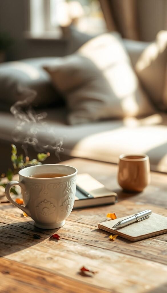 A serene, warmly lit scene featuring a gently steaming cup of herbal tea placed on a rustic wooden table. In the foreground, soft focus highlights the cup, revealing delicate patterns and textures. The middle ground includes a few scattered, colorful leaves and a small, recycled notebook with a pen, suggesting reflection and mindfulness. In the background, the soft outlines of a cozy living room with plush cushions and neutral-toned walls create a calming atmosphere. Natural light filters through a nearby window, casting gentle shadows, enhancing the mood of tranquility and warmth. The entire composition evokes a sense of peaceful intimacy, inviting the viewer to embrace the ritual of self-care and emotional calm. A serene, warmly lit scene featuring a gently steaming cup of herbal tea placed on a rustic wooden table. In the foreground, soft focus highlights the cup, revealing delicate patterns and textures. The middle ground includes a few scattered, colorful leaves and a small, recycled notebook with a pen, suggesting reflection and mindfulness. In the background, the soft outlines of a cozy living room with plush cushions and neutral-toned walls create a calming atmosphere. Natural light filters through a nearby window, casting gentle shadows, enhancing the mood of tranquility and warmth. The entire composition evokes a sense of peaceful intimacy, inviting the viewer to embrace the ritual of self-care and emotional calm.