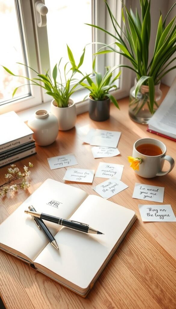 A serene, well-lit workspace featuring a soft, wooden desk adorned with inviting journaling prompts for April. In the foreground, an open journal with a beautiful pen lies next to a steaming mug of herbal tea, and a small bouquet of fresh spring flowers adds a touch of color. The middle layer includes delicate paper notes scattered around, each inscribed with thoughtful prompts encouraging reflection and intentionality. The background shows a bright window with soft sunlight streaming in, illuminating green plants that signify renewal. The atmosphere is calm and inspiring, inviting creativity and mindfulness, captured with a warm, natural light effect and a slight depth-of-field to emphasize the forefront elements.