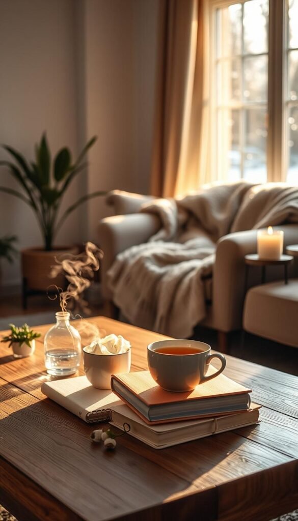 A serene winter landscape bathed in soft, golden afternoon light, depicting a cozy indoor scene focused on mindfulness rituals. In the foreground, a wooden coffee table adorned with an assortment of calming items: a steaming cup of herbal tea, a stack of pastel-colored journals, and a lit candle casting a gentle glow. The middle ground features a comfortable armchair draped with a knit blanket and a potted plant nearby adding a touch of greenery. In the background, a softly lit window reveals delicate snowflakes falling outside, hinting at the tranquil ambiance of February. The overall mood is peaceful and reflective, inviting viewers to embrace the concept of releasing stress and finding serenity during the month. The composition is framed in a warm, inviting angle, accentuating the cozy atmosphere. A serene winter landscape bathed in soft, golden afternoon light, depicting a cozy indoor scene focused on mindfulness rituals. In the foreground, a wooden coffee table adorned with an assortment of calming items: a steaming cup of herbal tea, a stack of pastel-colored journals, and a lit candle casting a gentle glow. The middle ground features a comfortable armchair draped with a knit blanket and a potted plant nearby adding a touch of greenery. In the background, a softly lit window reveals delicate snowflakes falling outside, hinting at the tranquil ambiance of February. The overall mood is peaceful and reflective, inviting viewers to embrace the concept of releasing stress and finding serenity during the month. The composition is framed in a warm, inviting angle, accentuating the cozy atmosphere.
