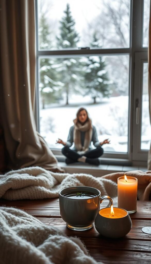A serene winter scene depicting gentle rituals to ease the mind. In the foreground, a cozy nook with a steaming cup of herbal tea resting on a wooden table, surrounded by soft blankets and a lit candle. The middle ground features a person, dressed in modest casual winter attire, practicing mindful meditation by a window, gazing at softly falling snowflakes. The background shows a tranquil snowy landscape with evergreen trees, their branches dusted with snow. Soft, diffused natural light streams through the window, casting a warm glow throughout the scene. The overall mood is calm and inviting, evoking feelings of peace and introspection amidst the winter chill. A serene winter scene depicting gentle rituals to ease the mind. In the foreground, a cozy nook with a steaming cup of herbal tea resting on a wooden table, surrounded by soft blankets and a lit candle. The middle ground features a person, dressed in modest casual winter attire, practicing mindful meditation by a window, gazing at softly falling snowflakes. The background shows a tranquil snowy landscape with evergreen trees, their branches dusted with snow. Soft, diffused natural light streams through the window, casting a warm glow throughout the scene. The overall mood is calm and inviting, evoking feelings of peace and introspection amidst the winter chill.