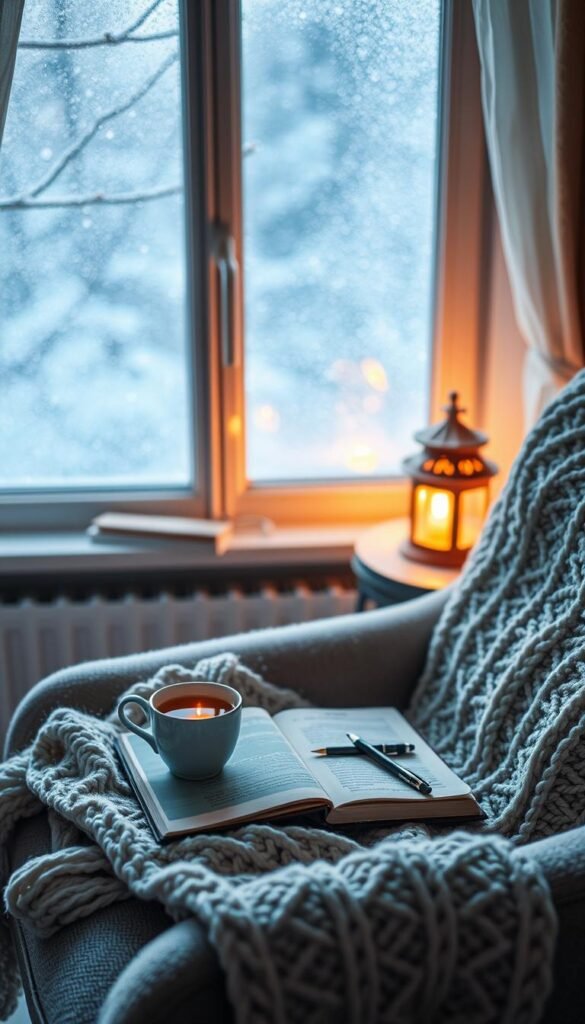 A serene winter scene illustrating optional mini-rituals for busy days and quiet nights. In the foreground, a cozy nook features a plush armchair with a soft, knitted throw and a tiny side table holding a steaming cup of herbal tea and an open journal with a pen. The middle showcases gentle, ambient lighting from a nearby small lamp, casting a warm glow. In the background, a beautifully frosted window reveals delicate snowflakes falling outside, enhancing the tranquil atmosphere. The overall mood is calm and reflective, inviting viewers to embrace relaxation amid winter busyness. Use a soft focus effect to create a dreamy ambience, and capture the scene with a shallow depth of field. A serene winter scene illustrating optional mini-rituals for busy days and quiet nights. In the foreground, a cozy nook features a plush armchair with a soft, knitted throw and a tiny side table holding a steaming cup of herbal tea and an open journal with a pen. The middle showcases gentle, ambient lighting from a nearby small lamp, casting a warm glow. In the background, a beautifully frosted window reveals delicate snowflakes falling outside, enhancing the tranquil atmosphere. The overall mood is calm and reflective, inviting viewers to embrace relaxation amid winter busyness. Use a soft focus effect to create a dreamy ambience, and capture the scene with a shallow depth of field.