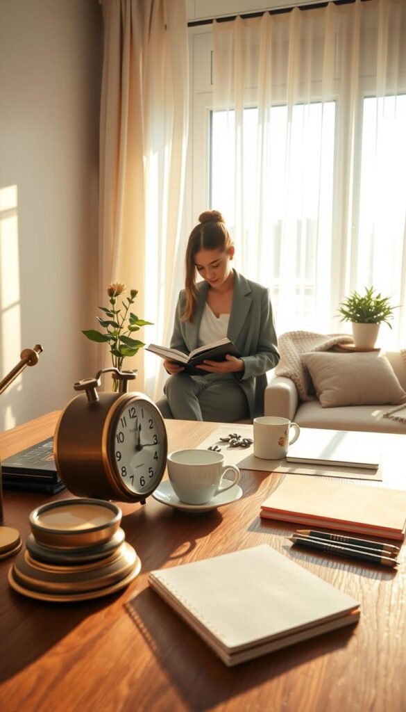 A serene workspace bathed in soft morning light, invoking a sense of calm and focus. In the foreground, a stylish wooden desk holds a beautiful vintage clock, symbolizing the passage of time, surrounded by minimalist stationery and a steaming cup of tea. The middle layer features a person in smart casual attire, thoughtfully journaling and surrounded by gentle reminders of boundaries, like a small potted plant and a cozy throw. The background reveals a large window with sheer curtains letting in warm sunlight, casting soft shadows and creating a tranquil atmosphere. The image captures a peaceful, intentional living space that reflects the importance of owning one’s time, inspired by a sense of balance and mindfulness.