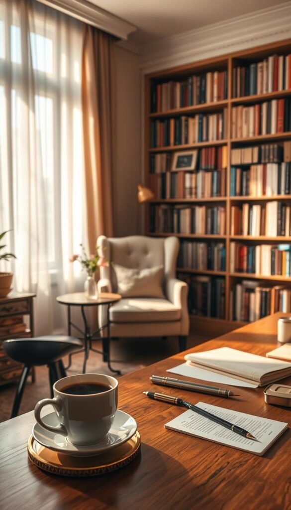 A serene workspace bathed in soft, warm light, evoking a sense of calm and inspiration. In the foreground, a steaming cup of tea or coffee rests on a wooden desk, surrounded by elegant stationery and a few scattered notebooks. The middle layer features a cozy armchair positioned near a large window with sheer curtains, allowing diffused sunlight to illuminate the space. On a small side table, a delicate vase holds fresh flowers, adding a touch of nature. In the background, bookshelves filled with well-organized books lend an air of intellect and creativity. The atmosphere is tranquil, inviting deep thought and reflection, captured using a softly diffused lens to enhance the warmth and intimacy of the scene.
